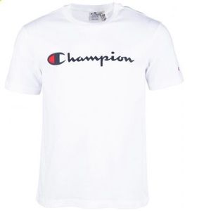 White champion t-shirt with navy blue and red writing